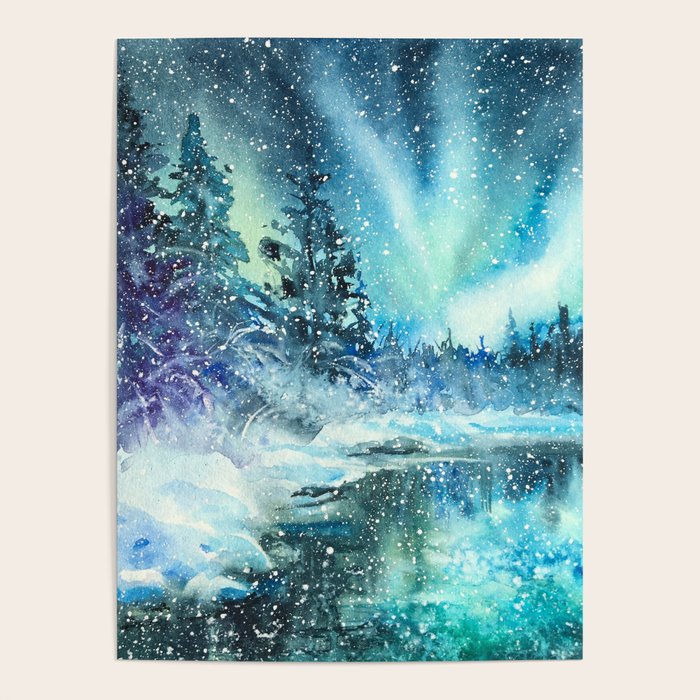 Snowy Northern Lights Forest Landscape Poster Gallery Image 1