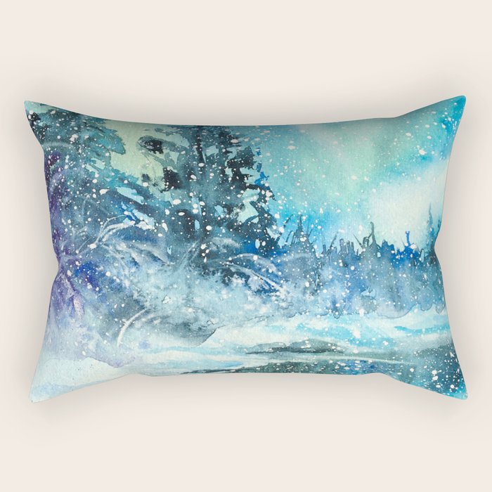 Snowy Northern Lights Forest Landscape Rectangular Pillow Gallery Image 2