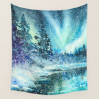 Snowy Northern Lights Forest Landscape Wall Tapestry Gallery Image 4