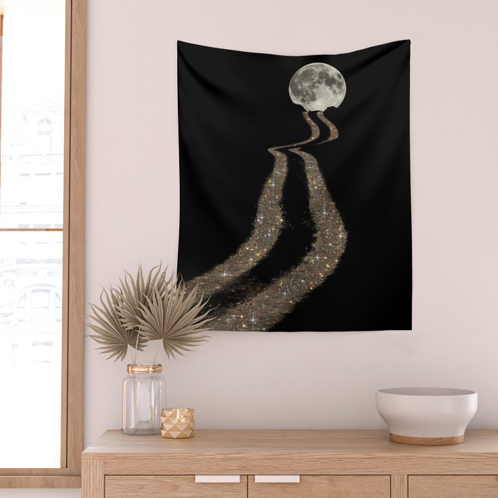 THE MOON | glitter | gold | path | full | planet | star | sky | night | glitter  Wall Tapestry Gallery Image 2
