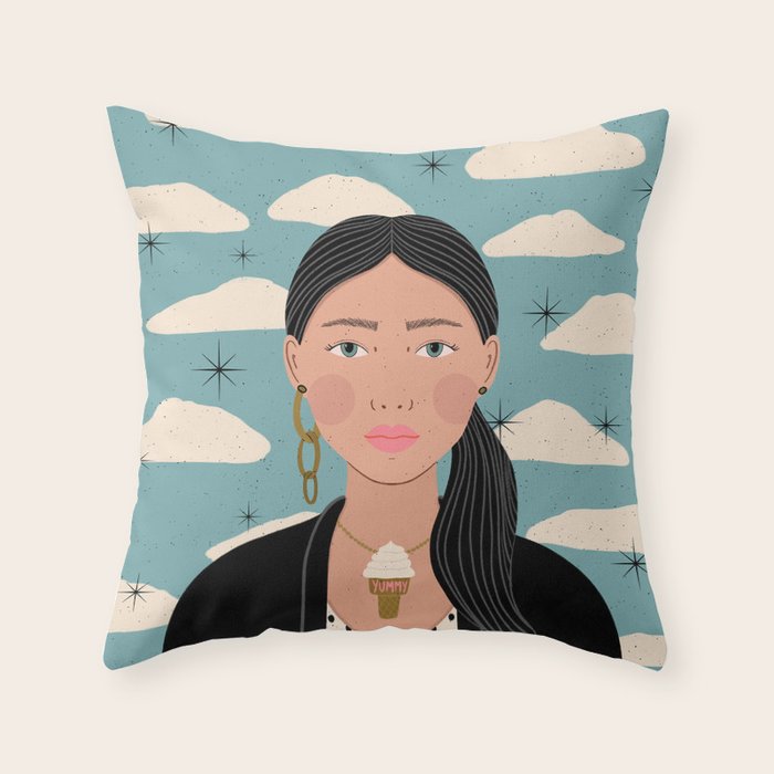 Woman Portrait Illustration - Stars and Clouds Throw Pillow Gallery Image 6
