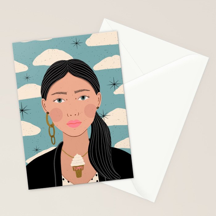 Woman Portrait Illustration - Stars and Clouds Stationery Card Gallery Image 2