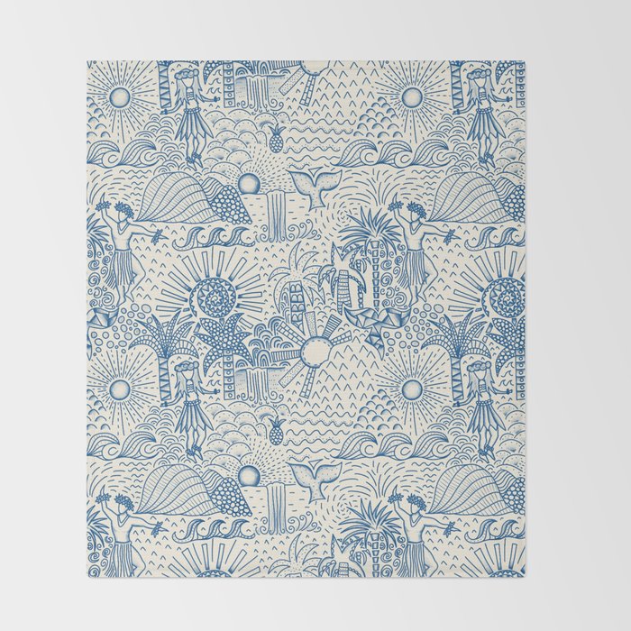 Hawaiian Toile Blue Throw Blanket Gallery Image 2