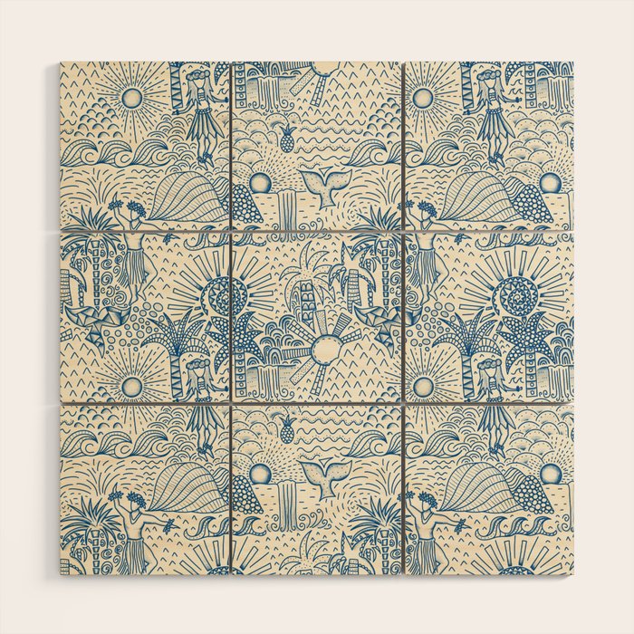 Hawaiian Toile Blue Wood Wall Art Gallery Image 1