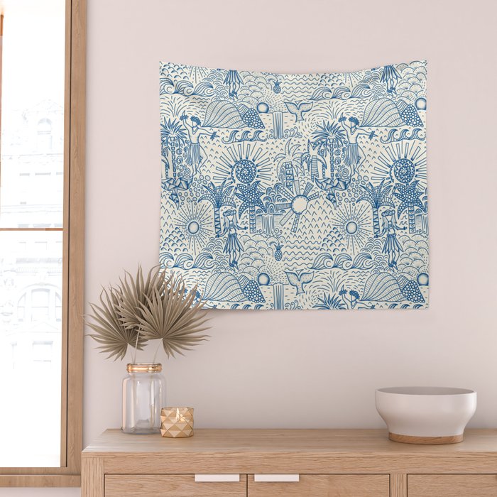 Hawaiian Toile Blue Wall Tapestry Gallery Image 2