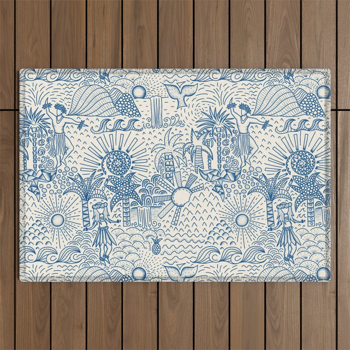 Hawaiian Toile Blue Outdoor Rug Gallery Image 1