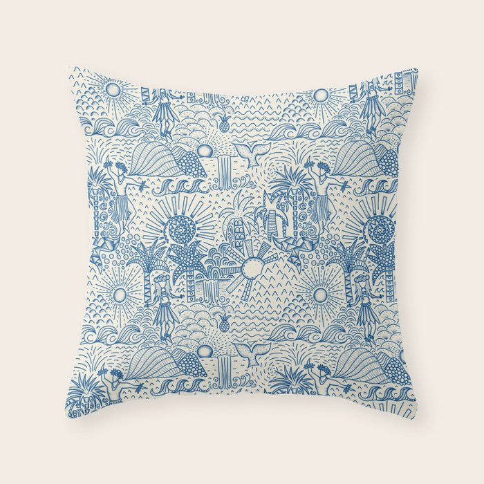 Hawaiian Toile Blue Throw Pillow Gallery Image 6