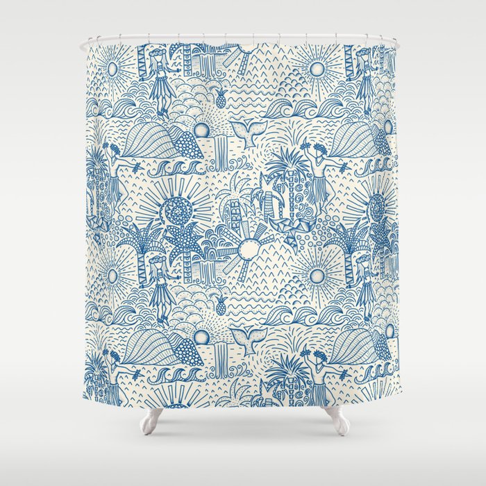Hawaiian Toile Blue Shower Curtain Gallery Image 1