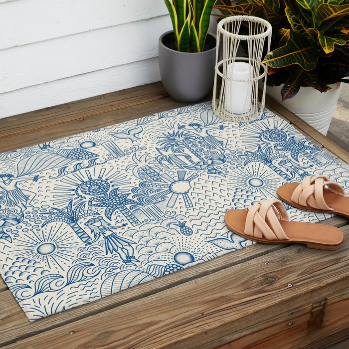 Hawaiian Toile Blue Outdoor Rug Gallery Image 2