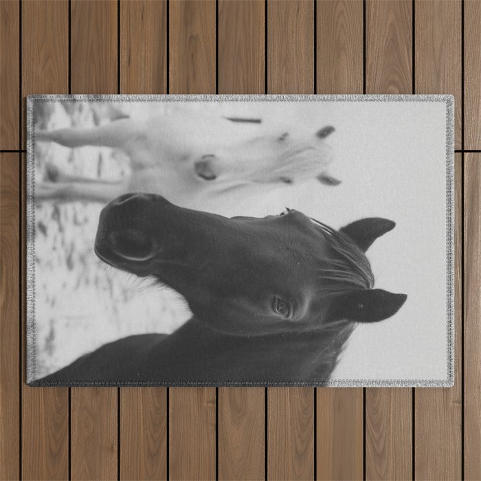 Horses in the Snow - Black and White Winter Photography Print Outdoor Rug Gallery Image 1