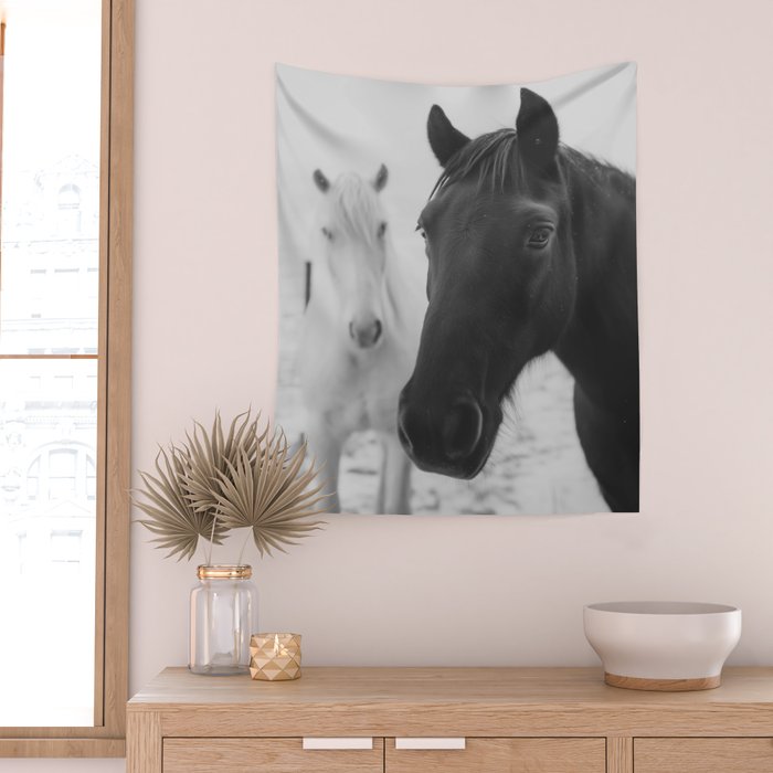 Horses in the Snow - Black and White Winter Photography Print Wall Tapestry Gallery Image 2