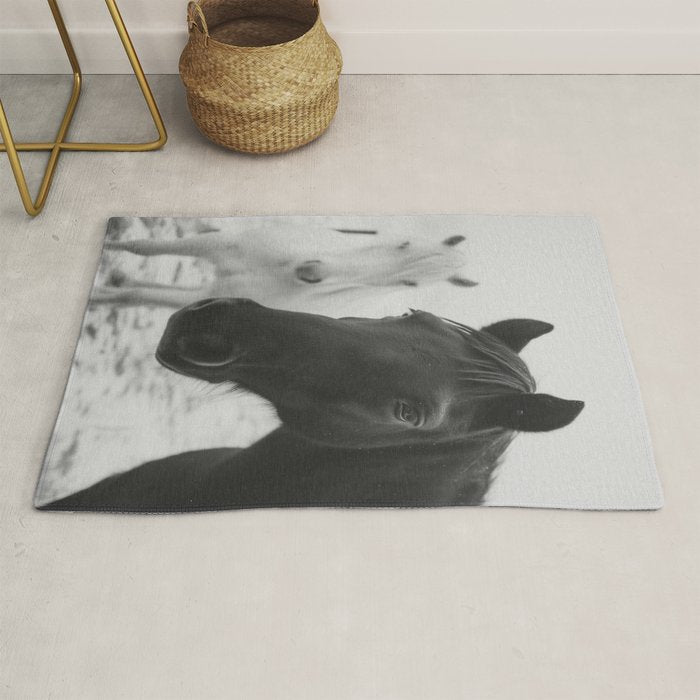 Horses in the Snow - Black and White Winter Photography Print Rug Gallery Image 1