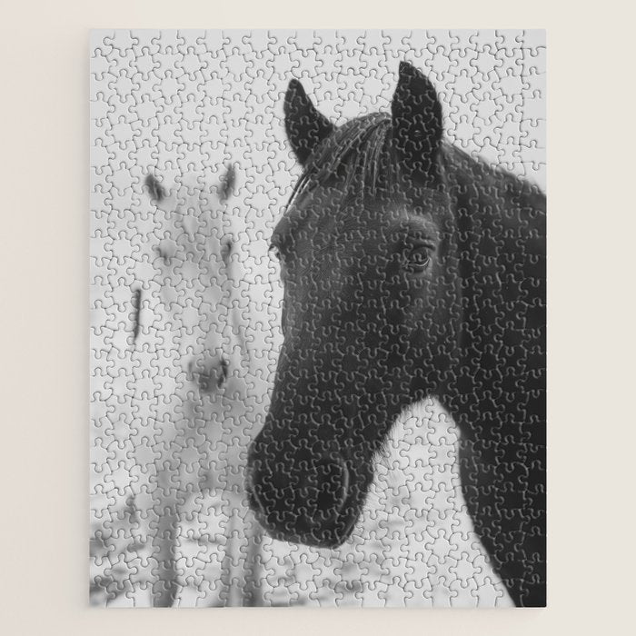 Horses in the Snow - Black and White Winter Photography Print Jigsaw Puzzle Gallery Image 1