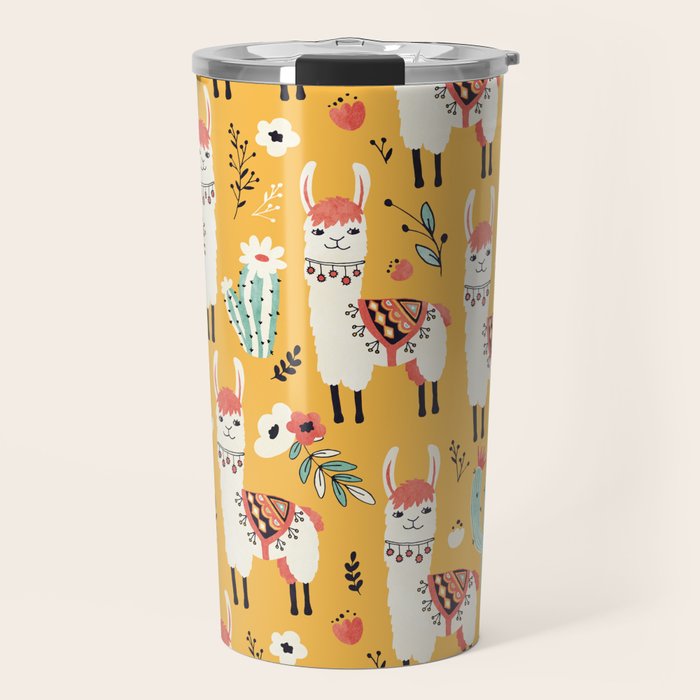 White Llama with flowers Travel Mug Gallery Image 1