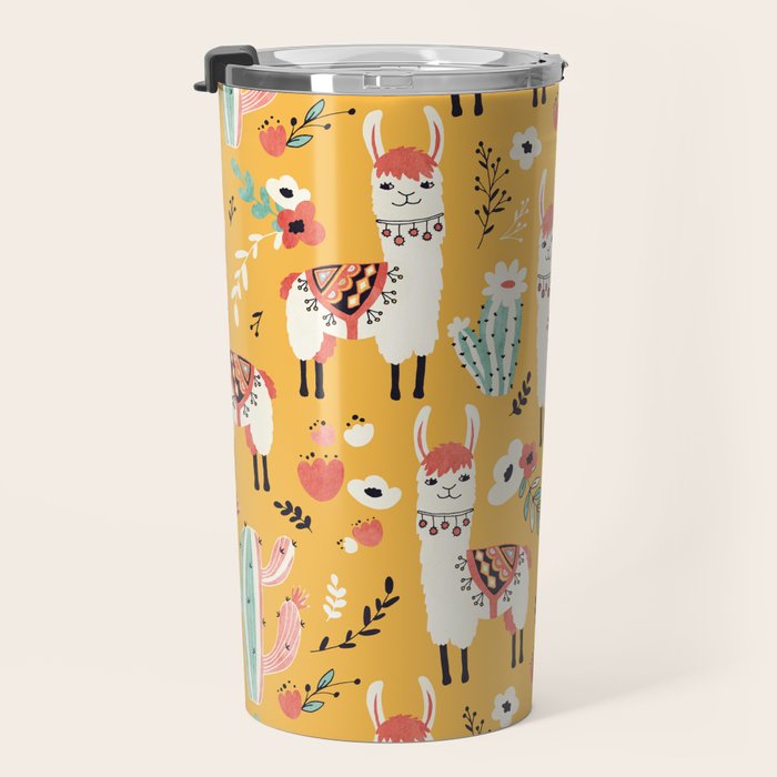 White Llama with flowers Travel Mug Gallery Image 3