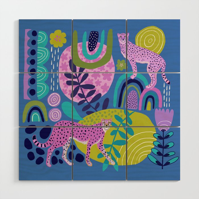 Two Cheetahs on Blue Wood Wall Art Gallery Image 1