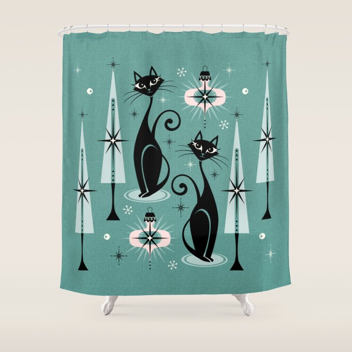 Mid Century Meow Atomic Kitty Christmas ©studioxtine Shower Curtain Gallery Image 1