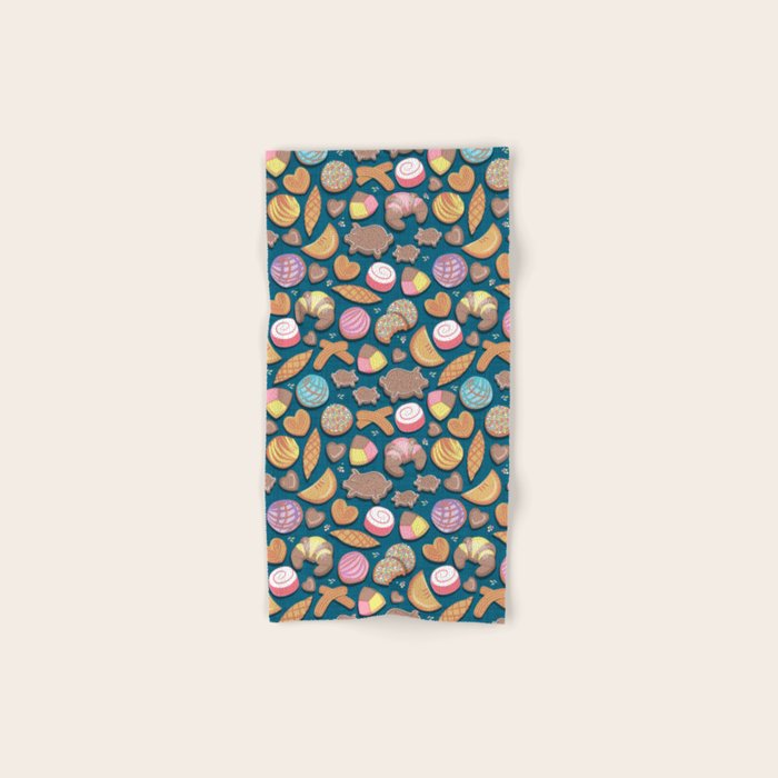 Mexican Sweet Bakery Frenzy // turquoise background // pastel colors pan dulce Bath Towel Gallery Image 1