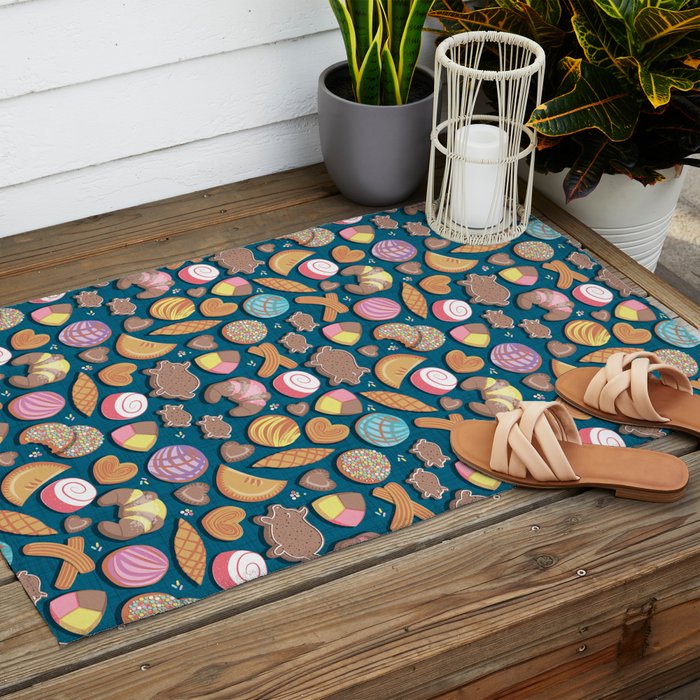 Mexican Sweet Bakery Frenzy // turquoise background // pastel colors pan dulce Outdoor Rug Gallery Image 2
