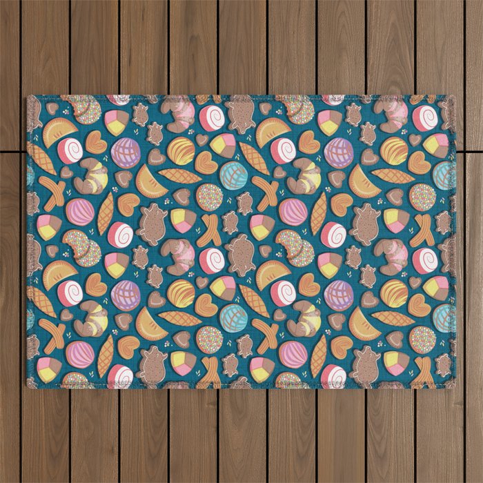 Mexican Sweet Bakery Frenzy // turquoise background // pastel colors pan dulce Outdoor Rug Gallery Image 1