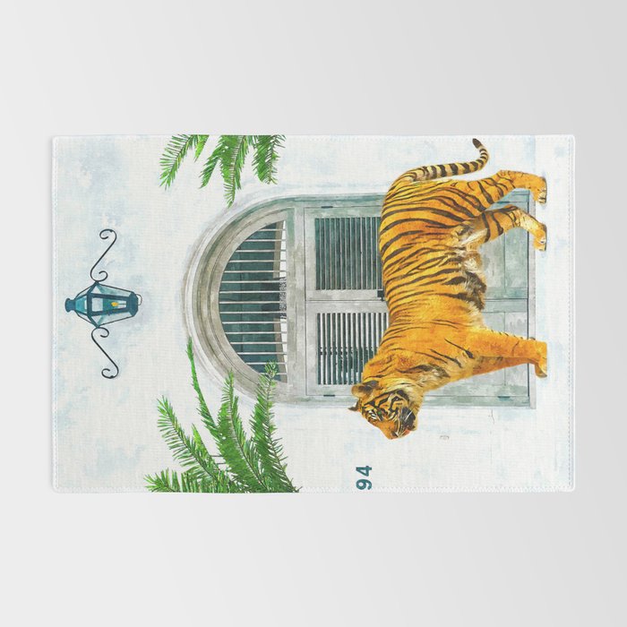 94 Tropical, Greece Architecture Buildings Tiger Wild Cat Watercolor Palm Travel Bohemian Painting Rug Gallery Image 2