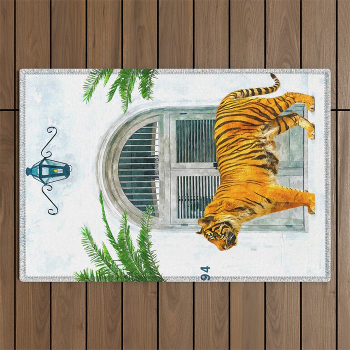 94 Tropical, Greece Architecture Buildings Tiger Wild Cat Watercolor Palm Travel Bohemian Painting Outdoor Rug Gallery Image 1