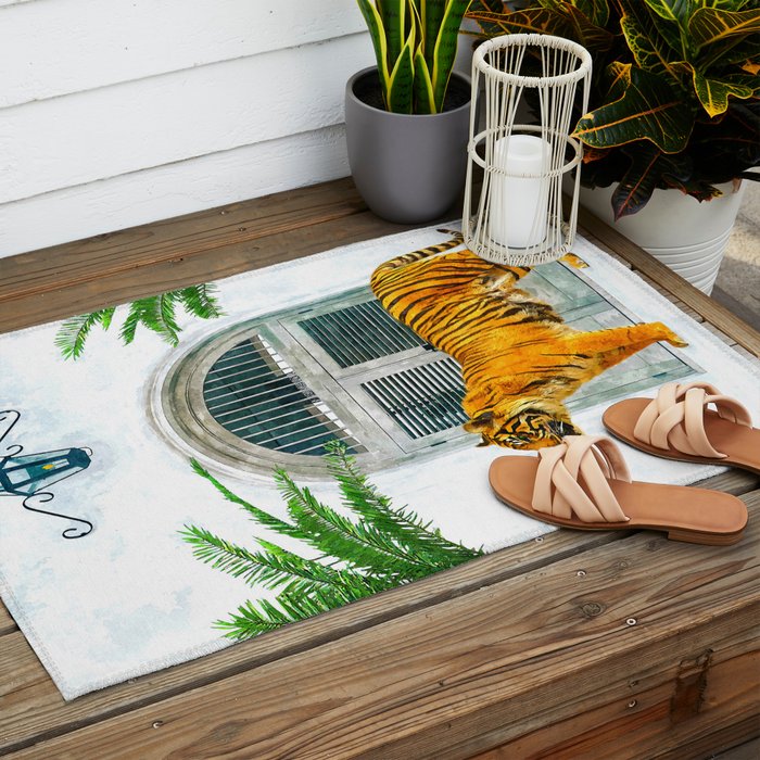 94 Tropical, Greece Architecture Buildings Tiger Wild Cat Watercolor Palm Travel Bohemian Painting Outdoor Rug Gallery Image 2