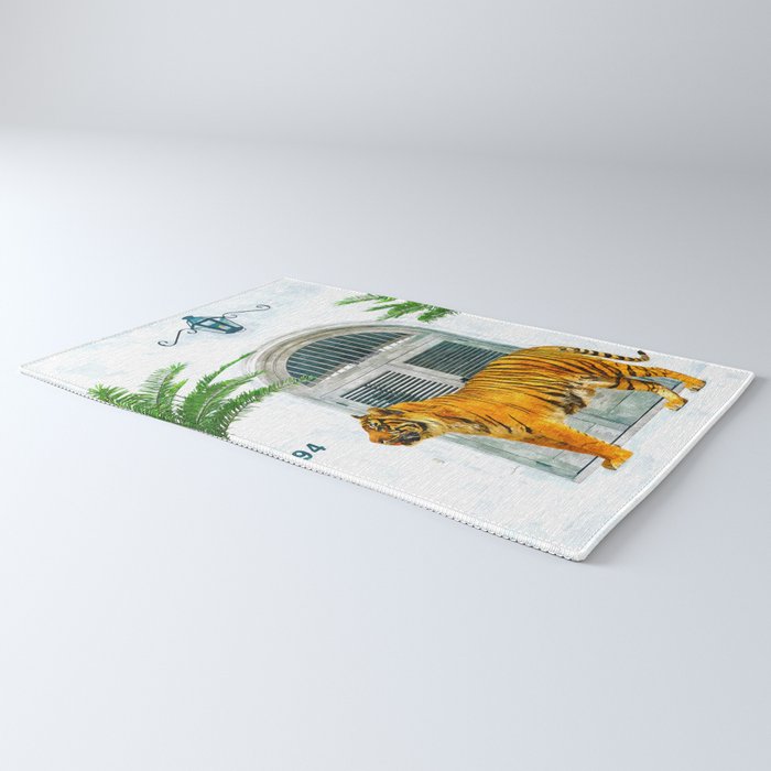 94 Tropical, Greece Architecture Buildings Tiger Wild Cat Watercolor Palm Travel Bohemian Painting Rug Gallery Image 3