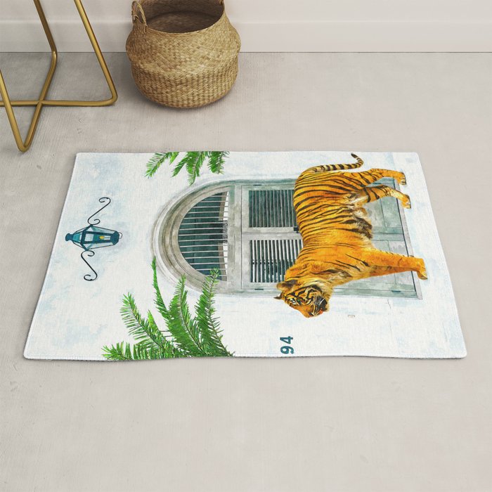 94 Tropical, Greece Architecture Buildings Tiger Wild Cat Watercolor Palm Travel Bohemian Painting Rug Gallery Image 1