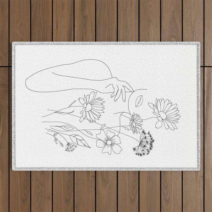 Minimal Line Art Woman with Flowers III Outdoor Rug Gallery Image 1