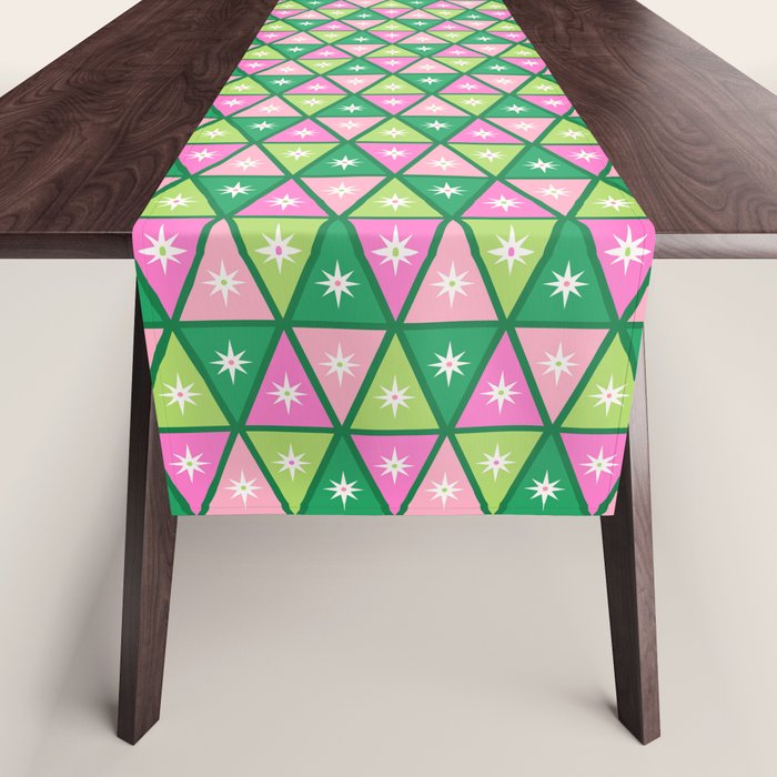 Mid-Century Modern Geometric Christmas Triangles - Green and Pink Table Runner Gallery Image 1