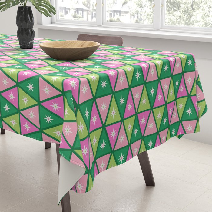 Mid-Century Modern Geometric Christmas Triangles - Green and Pink Tablecloth Gallery Image 3