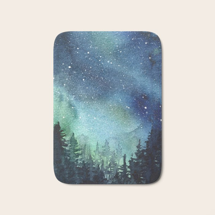 Galaxy Watercolor Aurora Borealis Painting Bath Mat Gallery Image 1