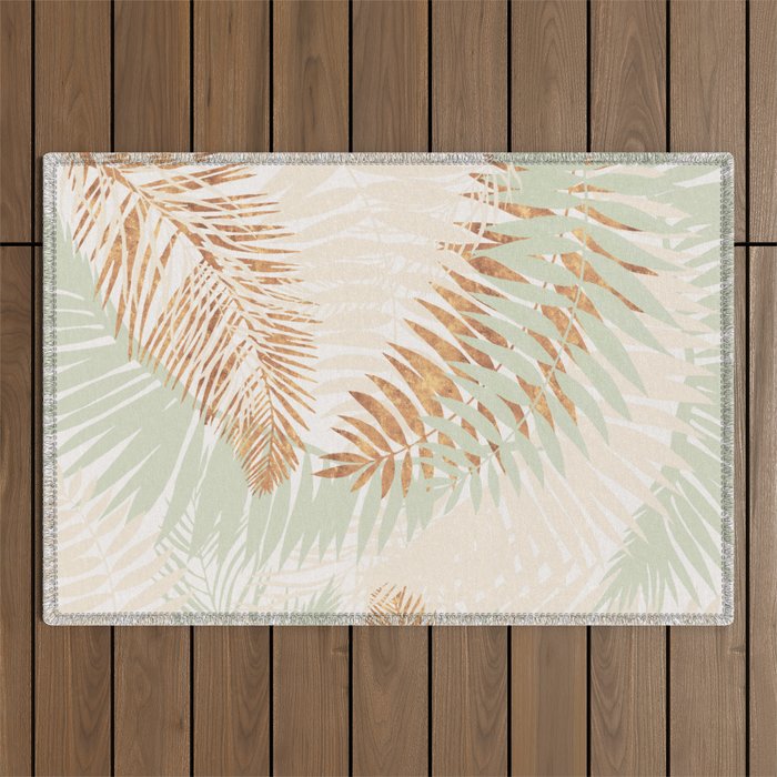 My blush and copper abstract Aloha Tropical Jungle Palm Garden Outdoor Rug Gallery Image 1