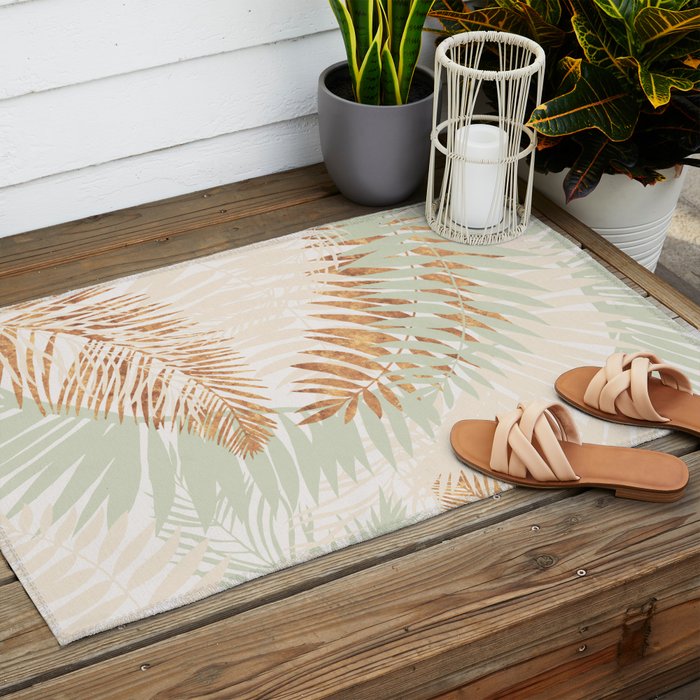 My blush and copper abstract Aloha Tropical Jungle Palm Garden Outdoor Rug Gallery Image 2