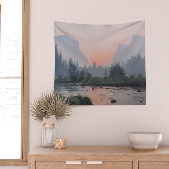 Yosemite Valley Sunrise Pretty Pink Wall Tapestry Gallery Image 2