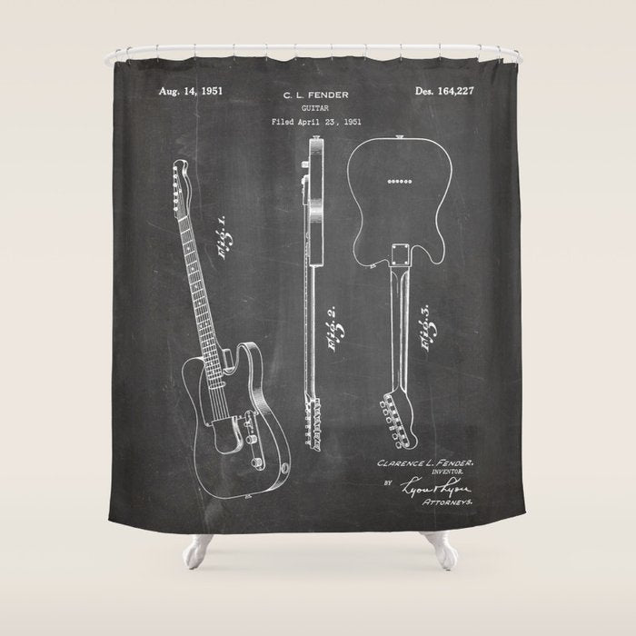 Electric Guitar Patent - Guitar Player Art - Black Chalkboard Shower Curtain Gallery Image 1