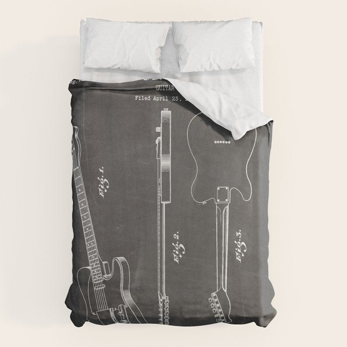 Electric Guitar Patent - Guitar Player Art - Black Chalkboard Duvet Cover Gallery Image 1