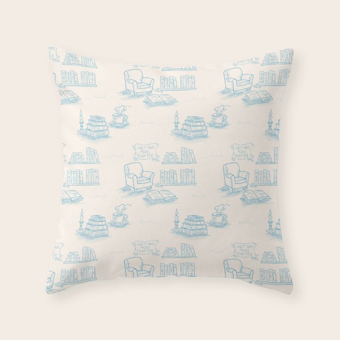 Blue Bookish Reading Chair Bookshelves Teacup Bookworm Toile de Jouy Throw Pillow Gallery Image 6