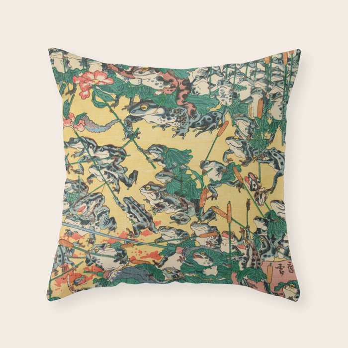 Frog Battle Japanese Print by Kawanabe Kyosai, 1864 Throw Pillow Gallery Image 1