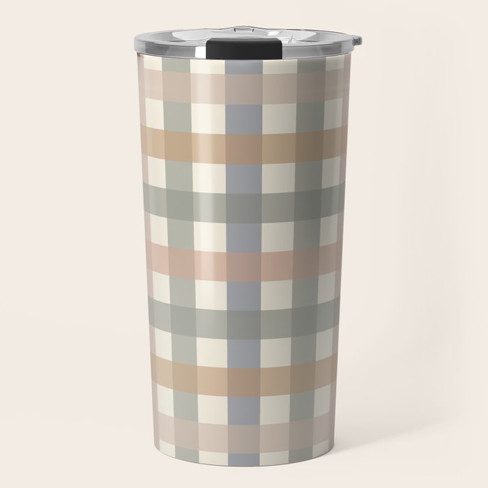 Neutral Gingham Check Pattern Travel Mug Gallery Image 1