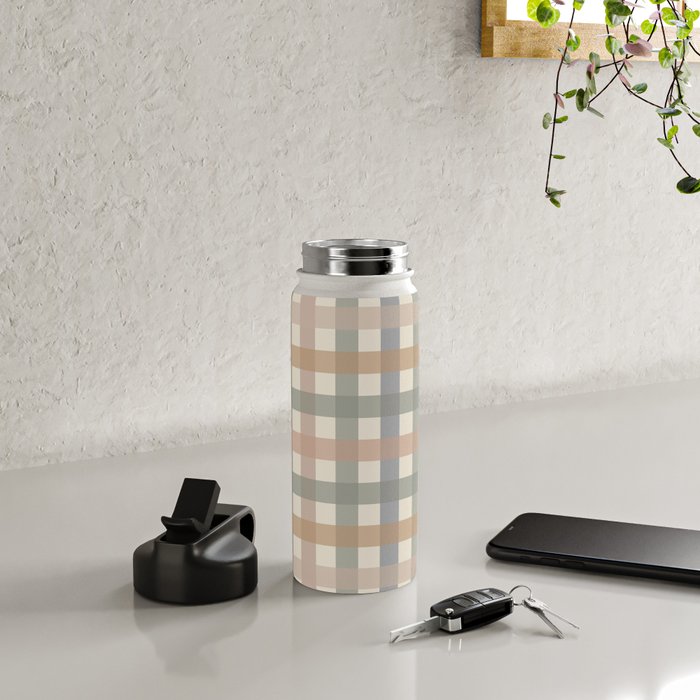 Neutral Gingham Check Pattern Water Bottle Gallery Image 4