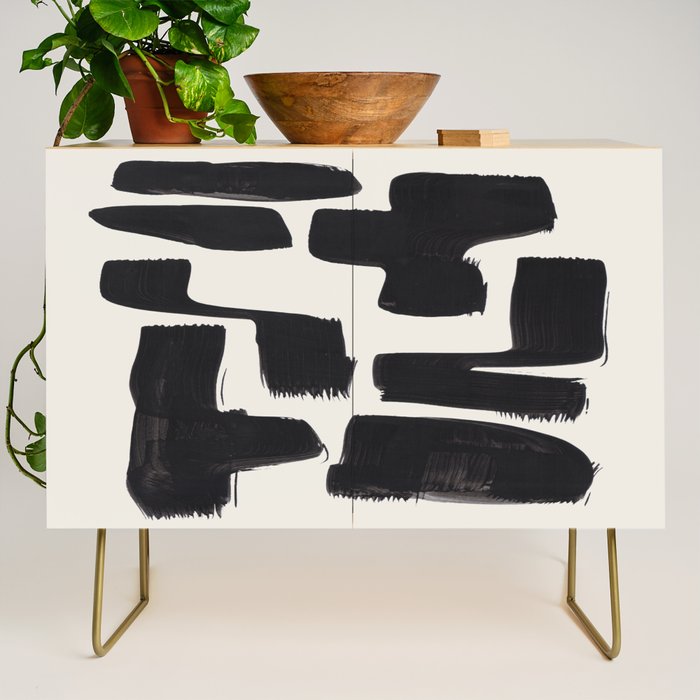Mid Century Modern Minimalist Abstract Art Brush Strokes Black & White Ink Art Shapes Credenza Gallery Image 1