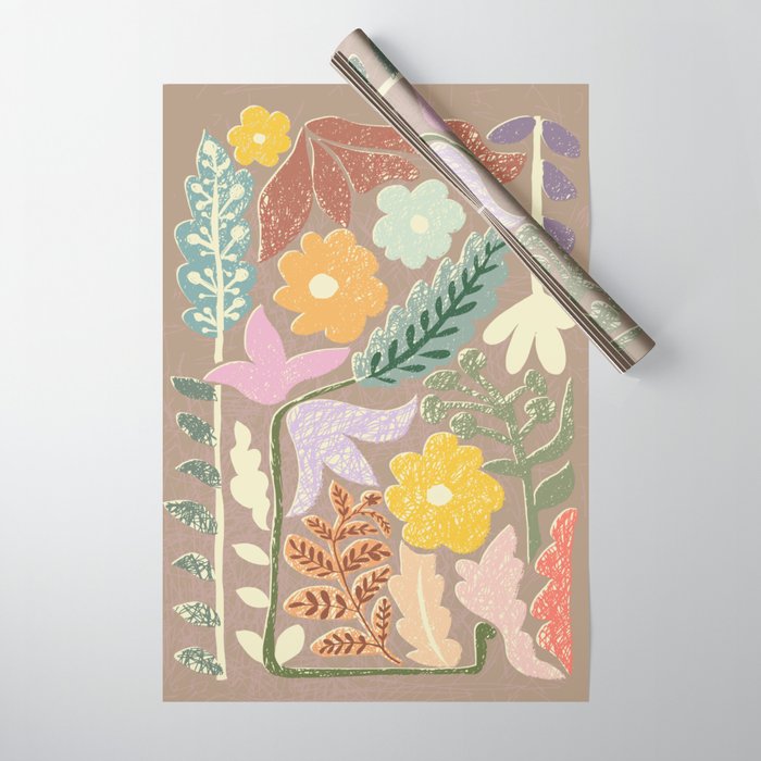 Block print summer meadow earthy tones Wrapping Paper Gallery Image 1