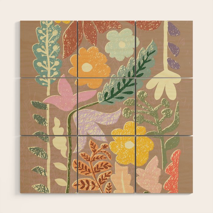 Block print summer meadow earthy tones Wood Wall Art Gallery Image 1
