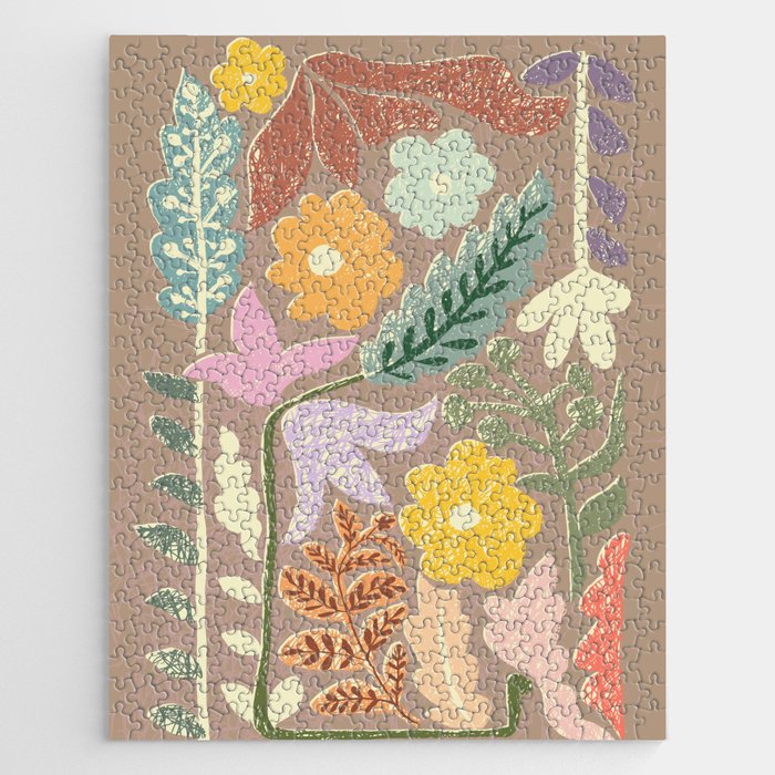 Block print summer meadow earthy tones Jigsaw Puzzle Gallery Image 1
