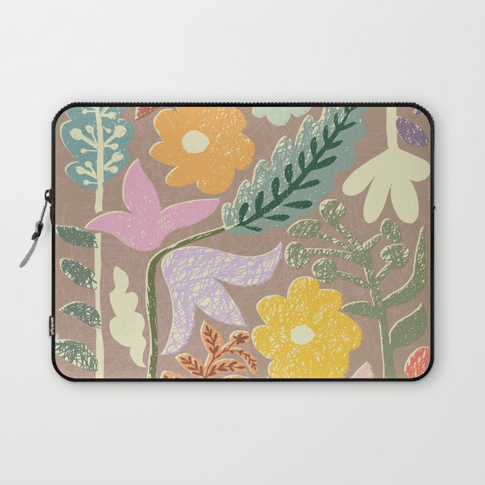 Block print summer meadow earthy tones Laptop Sleeve Gallery Image 1