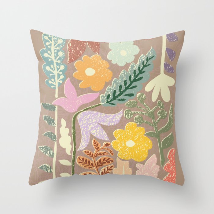 Block print summer meadow earthy tones Throw Pillow Gallery Image 6