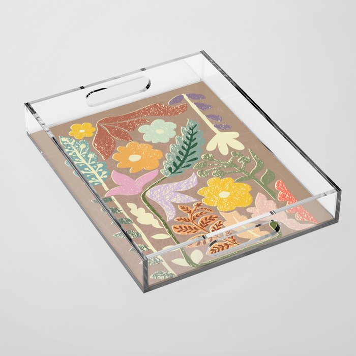 Block print summer meadow earthy tones Acrylic Tray Gallery Image 1