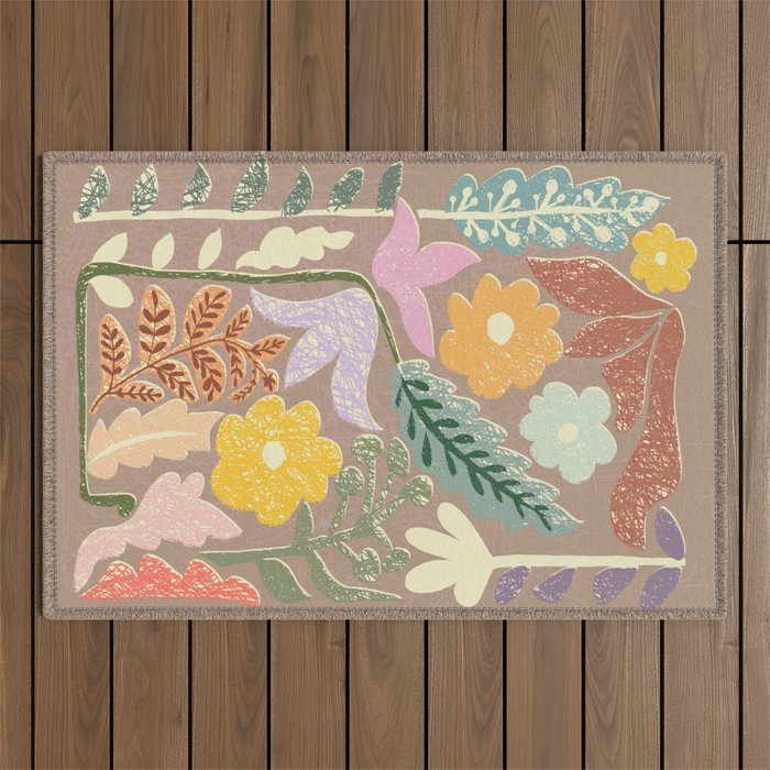 Block print summer meadow earthy tones Outdoor Rug Gallery Image 1